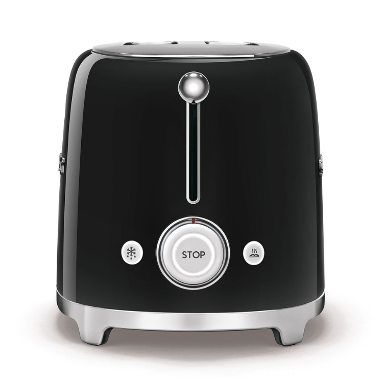 Black Smeg toaster, 4 slices, shiny finish, silver accents.