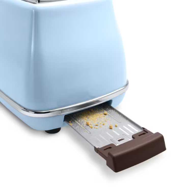 De'Longhi Icona Vintage blue toaster with crumb tray extended.