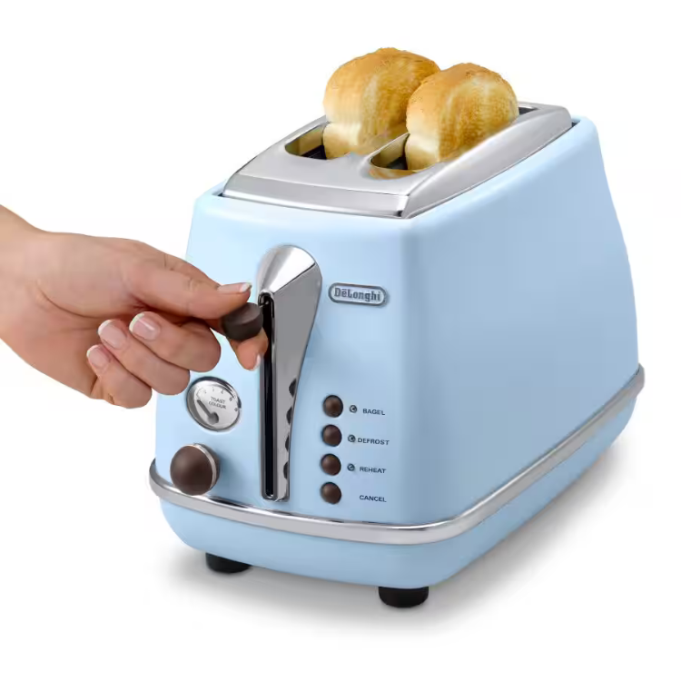 DeLonghi Icona Vintage blue toaster with 2 slots and controls.
