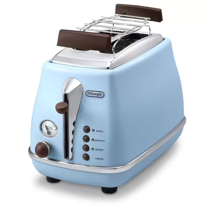 De'Longhi Icona Vintage blue 2-slice toaster with chrome accents and brown knobs.