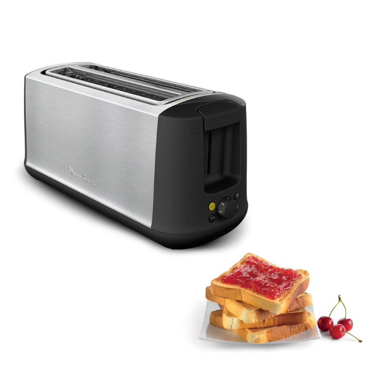 Moulinex Subito Select toaster, silver and black, 2 slots, with toast and jam on plate.