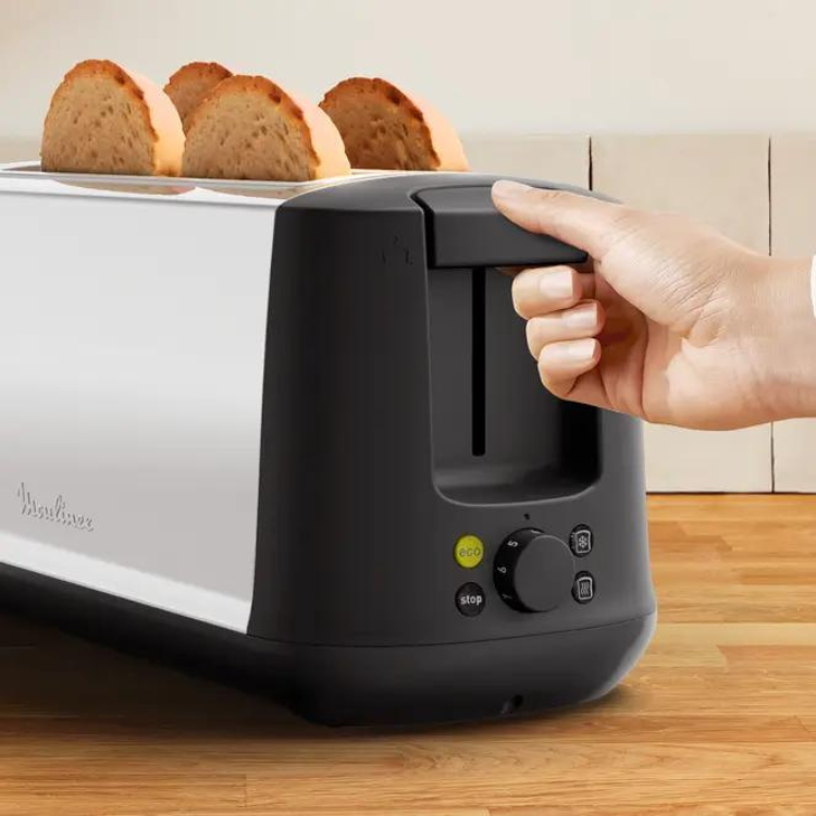 Black and silver Moulinex toaster with 2 slots and hand adjusting settings.