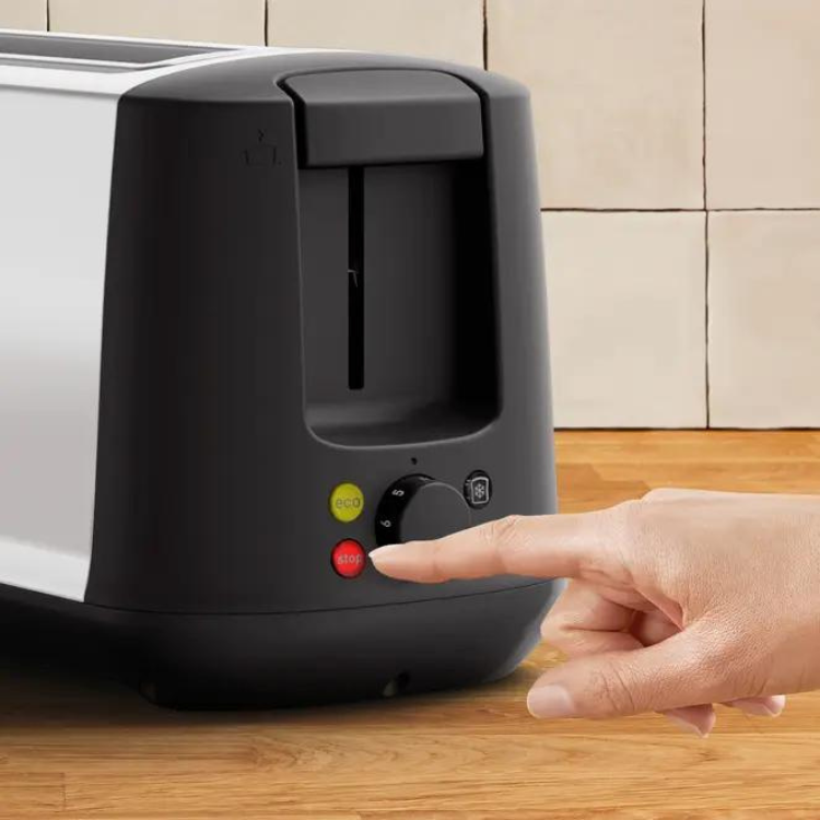 Black and silver Moulinex toaster with 2 slots, dial and buttons, finger pressing button.