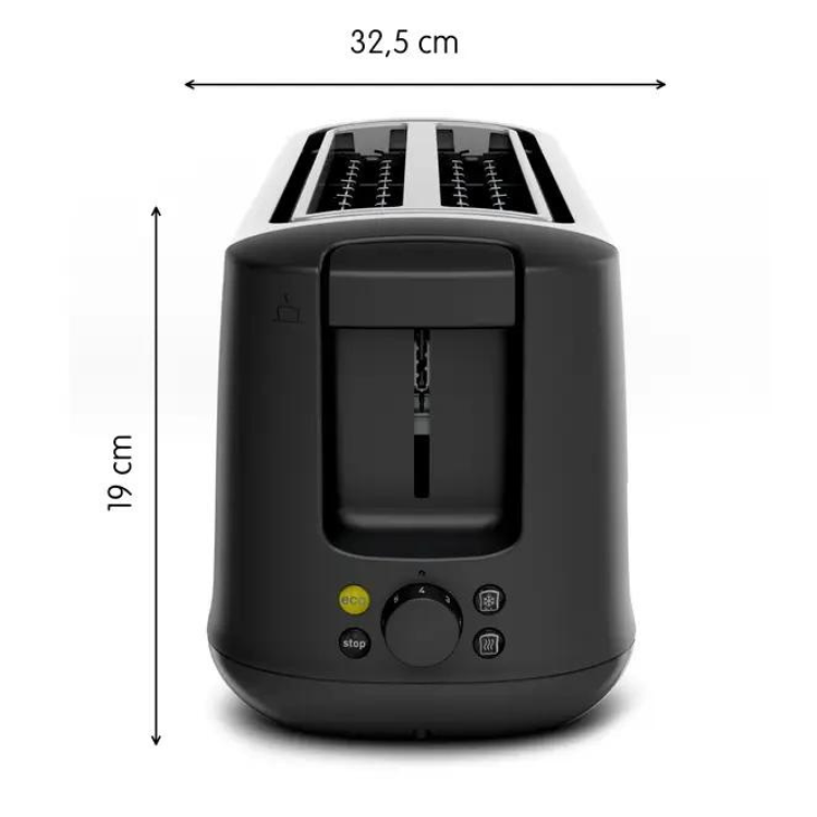 Black Moulinex Subito Select toaster, 2 slots, control dial and buttons, white accents on top.