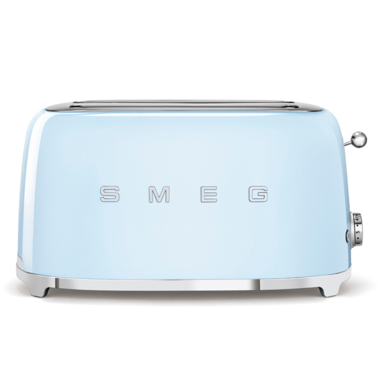 Light blue Smeg toaster with chrome accents and 4 slots.