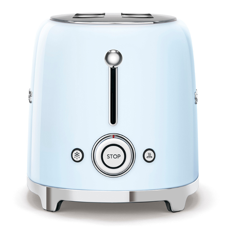 Light blue Smeg toaster with chrome accents and 4 slots.