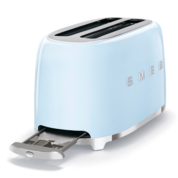 SMEG light blue toaster, 4 slices, stainless steel details.