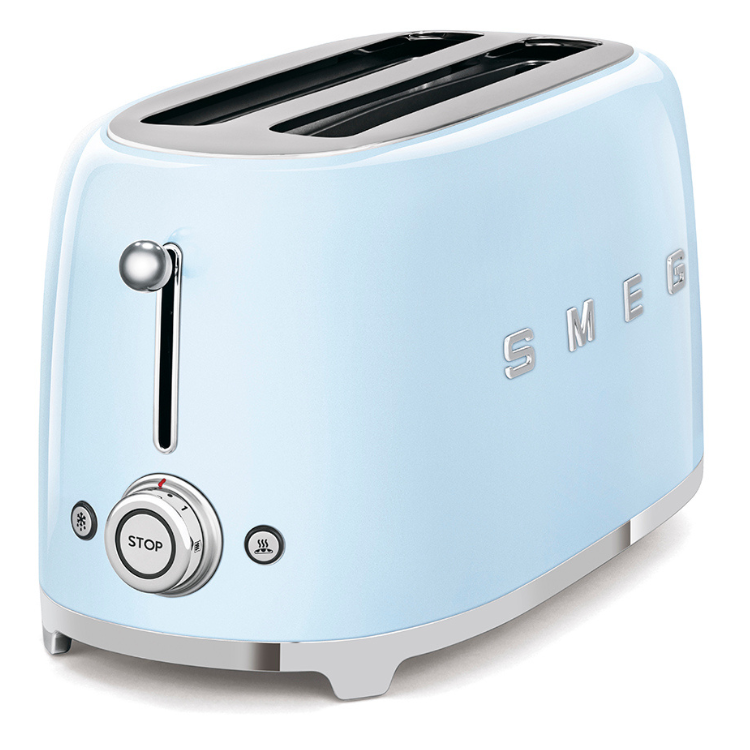 Light blue Smeg toaster, 4 slots, stainless steel details, retro style.