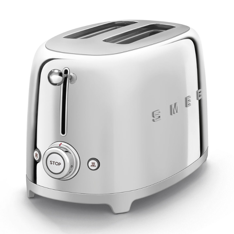 Smeg chrome toaster, 2 slots, Anni 50 style, control dial and buttons.