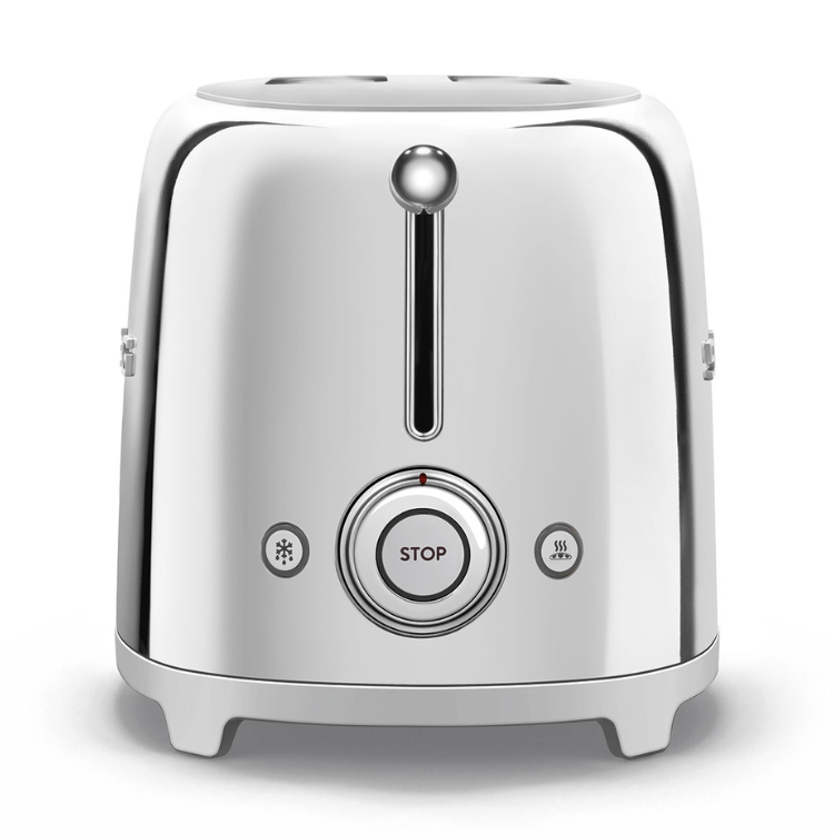 Smeg Anni 50 chrome toaster, 2 slices, rounded edges, control dial and buttons.