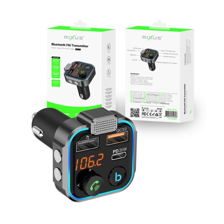 Transmissor FM/Carregador Rixus Metal PD 20W