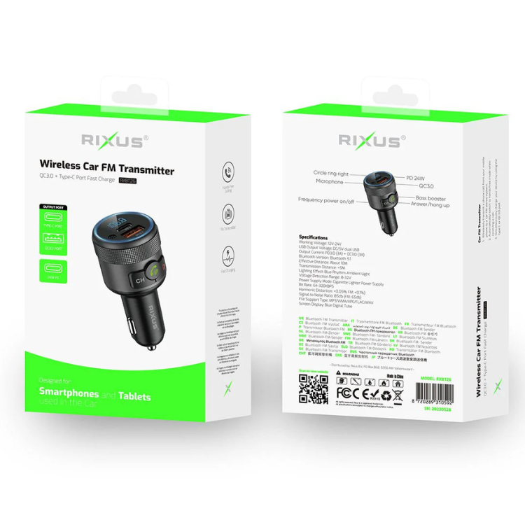 Transmissor FM/Carregador Rixus PD 3.0 + QC 3.0