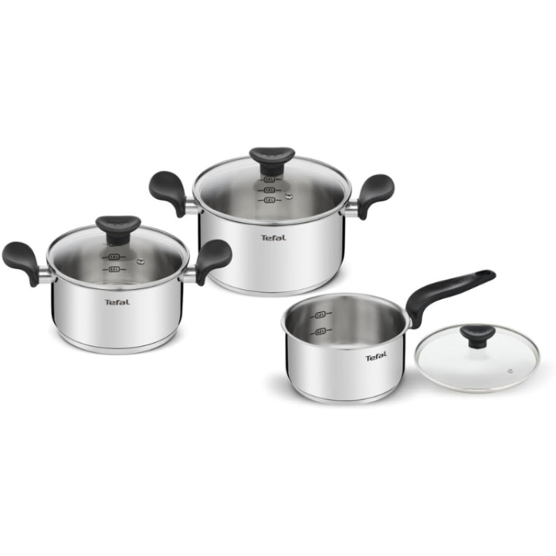 Tefal stainless steel cookware set, 3 pieces with glass lids, silver with black handles.