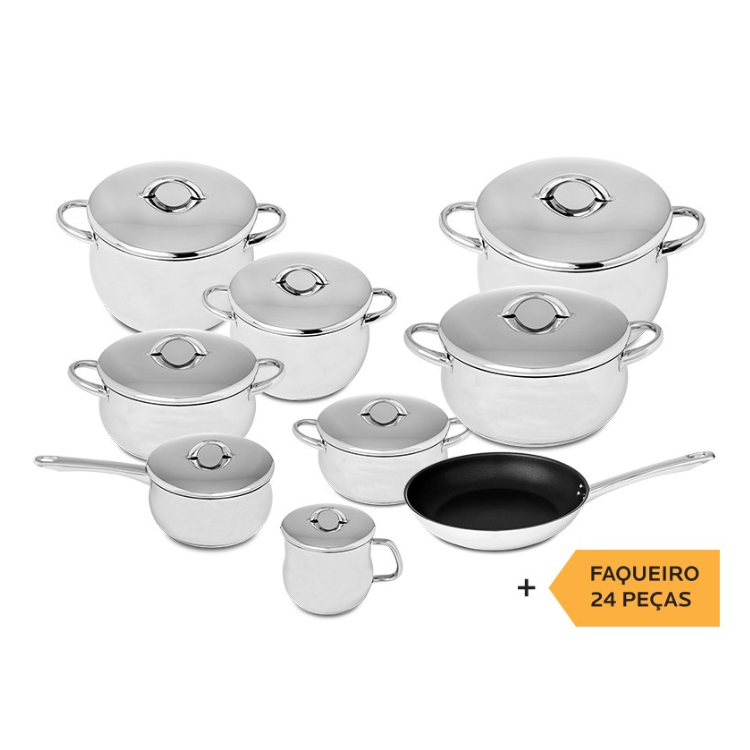 Trem de Cozinha Silampos 9 Peças + Faqueiro 24 Peças DOMUS Aço Inoxidável