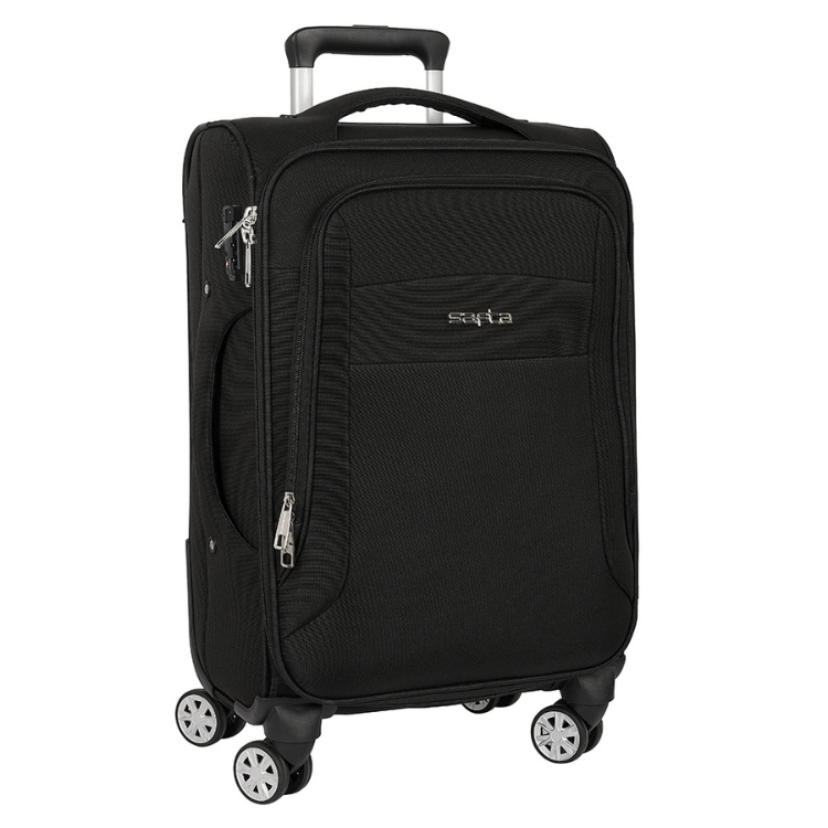 Mala de Viagem Safta Business 20" Preto, com rodas e alça retrátil, pronta para viagem.