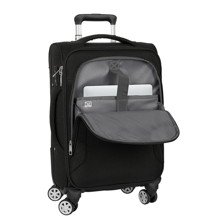 Mala de Viagem Safta Business 20" Preto, com rodas e alça retrátil, bolsa frontal aberta.