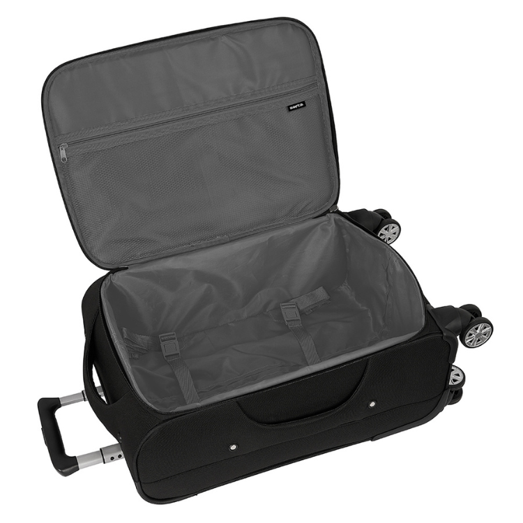 Mala de Viagem Safta Business 20" preta, aberta mostrando o interior vazio com bolsos e alça extensível.