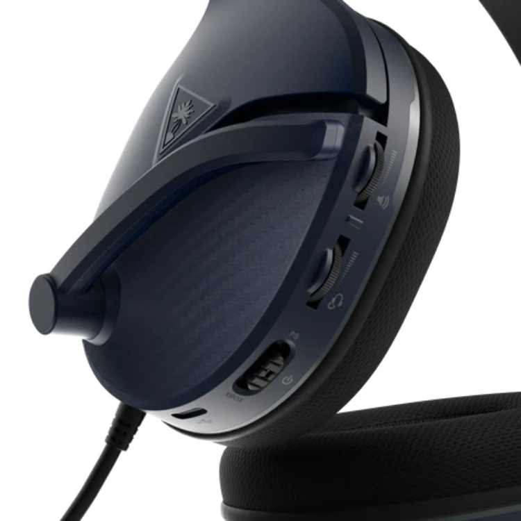 Turtle Beach Recon 200 Gen 2 dark blue gaming headset with controls and mic.