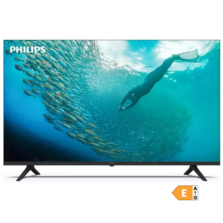 TV Philips Smart LED 4K 43” com imagem de snorkeler e cardume de peixes, logótipo Philips no ecrã.