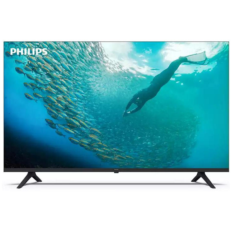 TV Philips Smart 4K LED 43" com imagem de mergulhador e cardume de peixes.