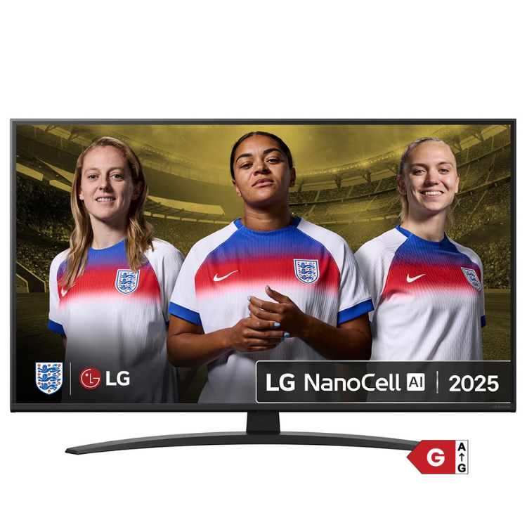 TV LG NANO81A 2025 Smart 4K NanoCell 55", ecrã com três mulheres em equipamento de futebol.