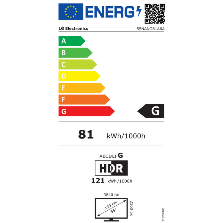 Etiqueta energética da televisão LG 55NANO81A6A, eficiência G, 81 kWh/1000h, HDR.