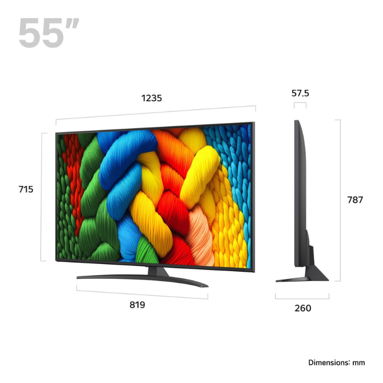 TV LG NANO81A 2025 Smart TV 4K NanoCell 55" preta com imagem colorida de cordas e dimensões do produto.