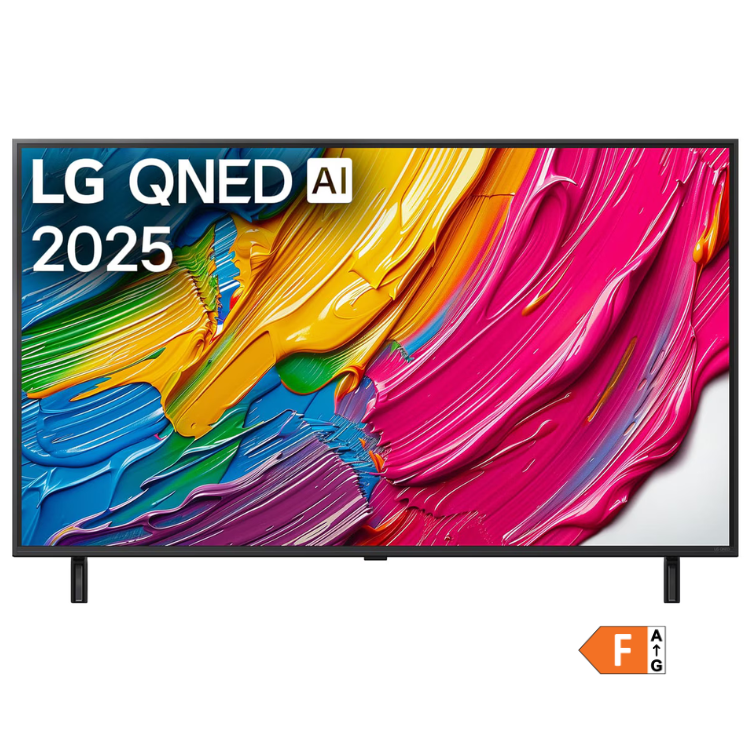 TV LG QNED AI 2025 50" 4K, ecrã colorido com tons de rosa, amarelo, azul e verde.