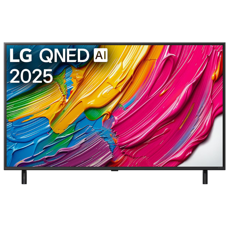 TV LG QNED AI 2025 50" 4K com pintura colorida no ecrã.