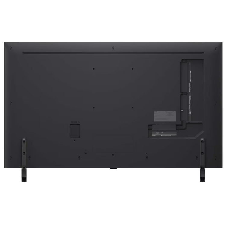 Parte traseira de TV LG QNED80A 2025, 50 polegadas, preta, com várias entradas e componentes eletrónicos visíveis.
