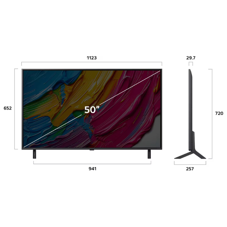 TV LG QNED80A 50" 4K, dimensões: 1123x652mm, espessura 29.7mm, suporte 257mm.