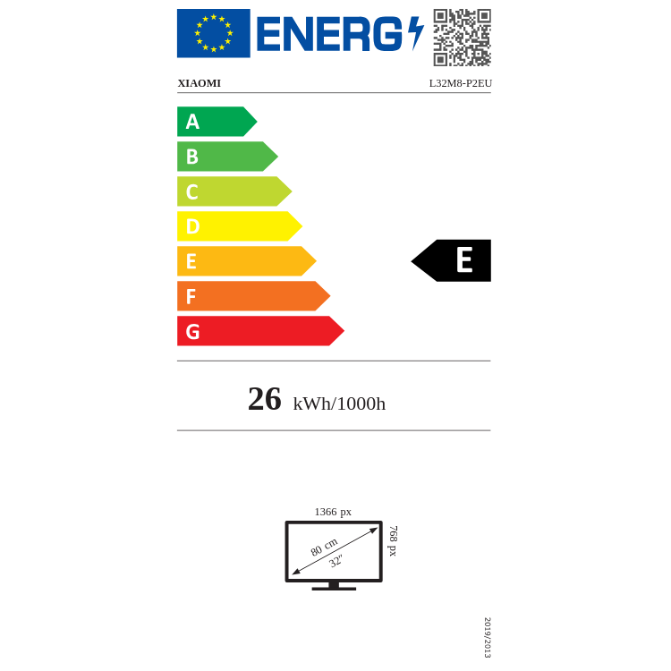 Etiqueta energética da televisão Xiaomi, 32 polegadas, classe E, 26 kWh/1000h.
