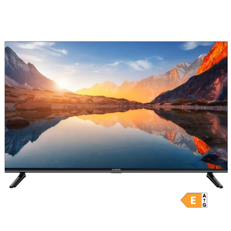 Televisão Xiaomi A 2025 Smart TV HD LED 32" com imagem de montanhas e lago ao pôr do sol.