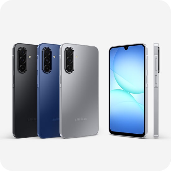 Samsung Galaxy A17 5G smartphone in blue, showcasing its sleek, slim profile and thin edges.