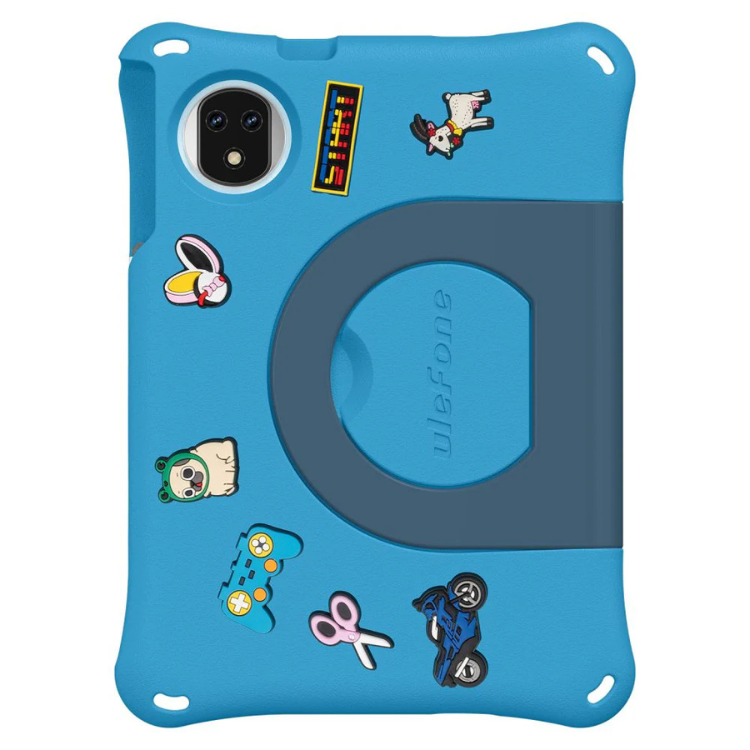 Tablet Ulefone Tab A9 Pro Kids, capa azul com vários ícones coloridos.