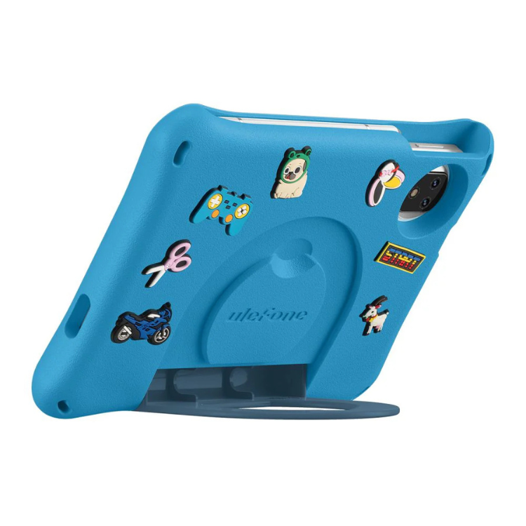 Tablet Ulefone Tab A9 Pro Kids, azul, suporte, vários autocolantes.