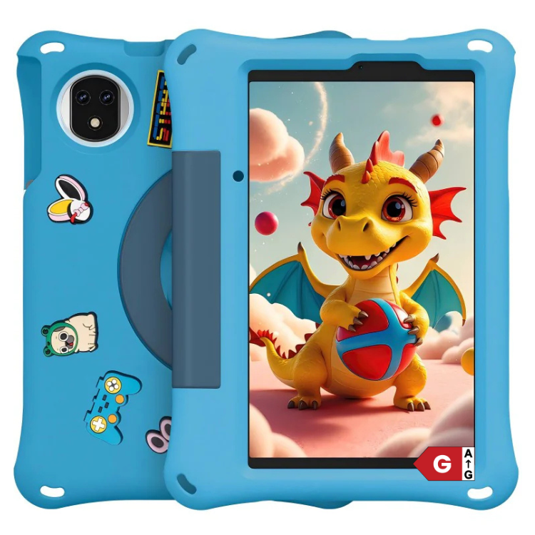 Tablet Ulefone Tab A9 Pro Kids, azul, 4GB/128GB, suporte integrado, imagem de um dragão a segurar uma bola no ecrã.