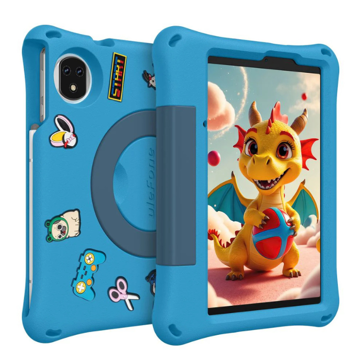 Tablet Ulefone Tab A9 Pro Kids, azul, 4GB/128GB, com capa de proteção e imagem de um dragão na tela.