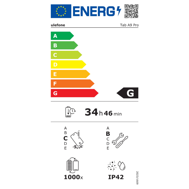 Etiqueta energética do tablet Ulefone Tab A9 Pro, classificação G, 34 horas e 46 minutos de bateria.