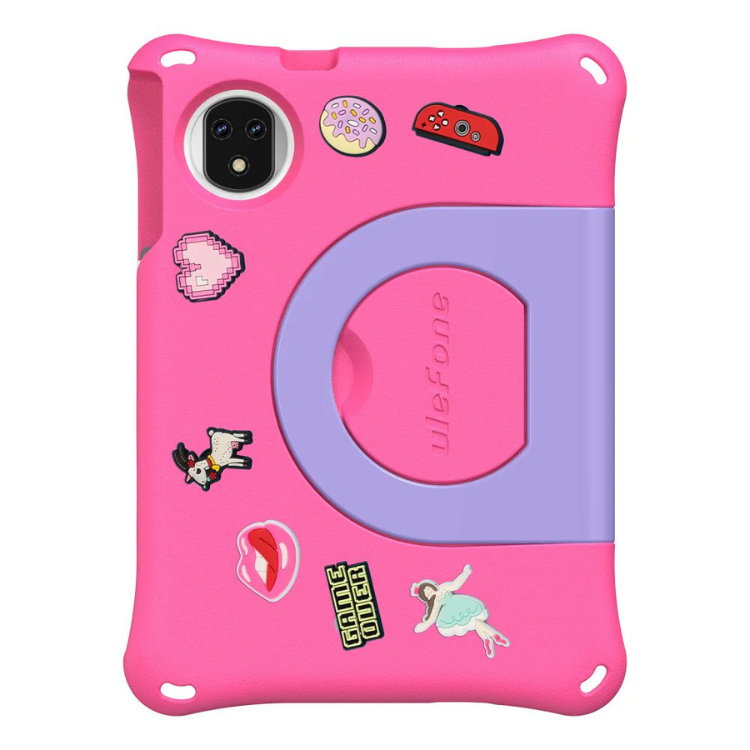Tablet Ulefone Tab A9 Pro Kids, rosa, com capa decorativa e suporte.