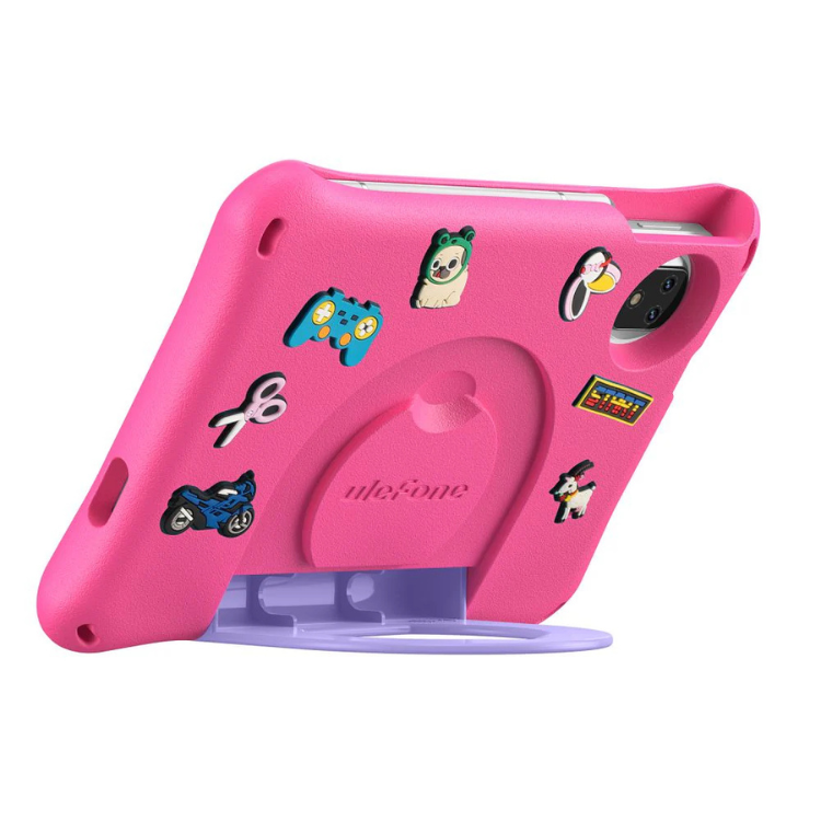 Tablet Ulefone Tab A9 Pro Kids, rosa, com capa decorativa e suporte.