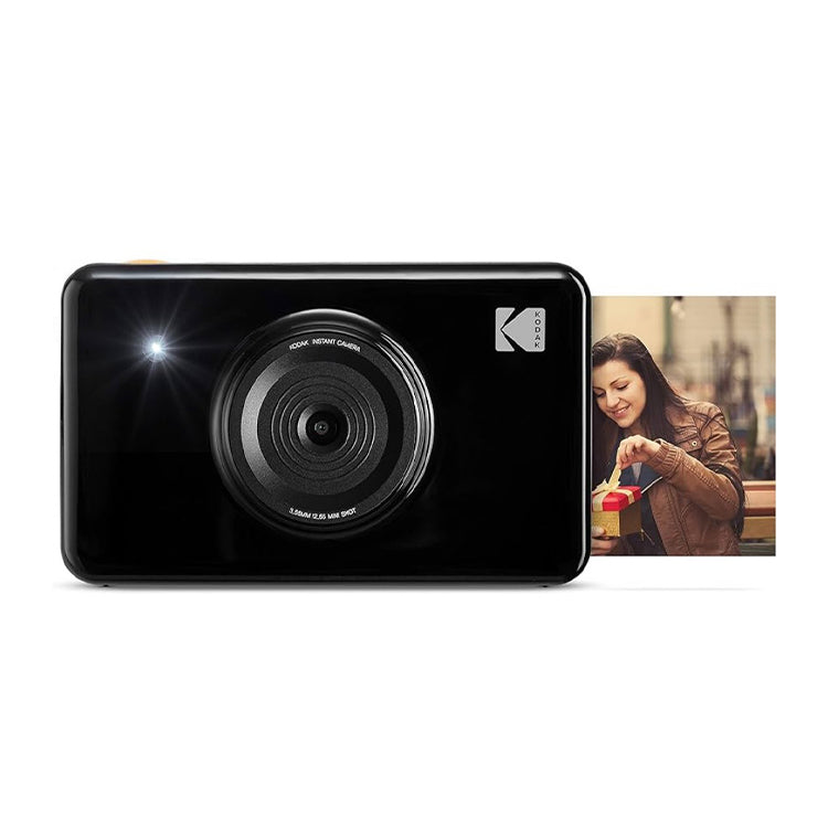 Black Kodak Mini Shot Era camera with lens and logo, printing a photo of a woman.
