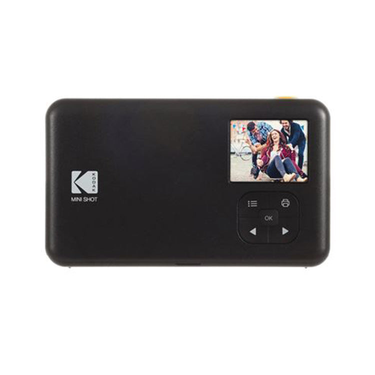 Black Kodak Mini Shot camera with LCD screen displaying a photo of three people.