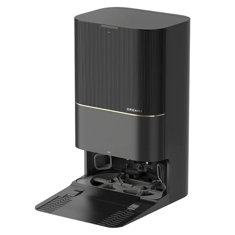 Black Dreame robot vacuum cleaner base station with gold accents.