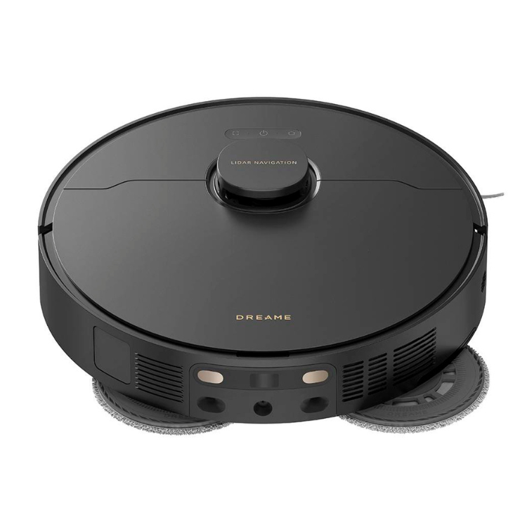 Black Dreame robot vacuum cleaner with gold accents and Lidar navigation.