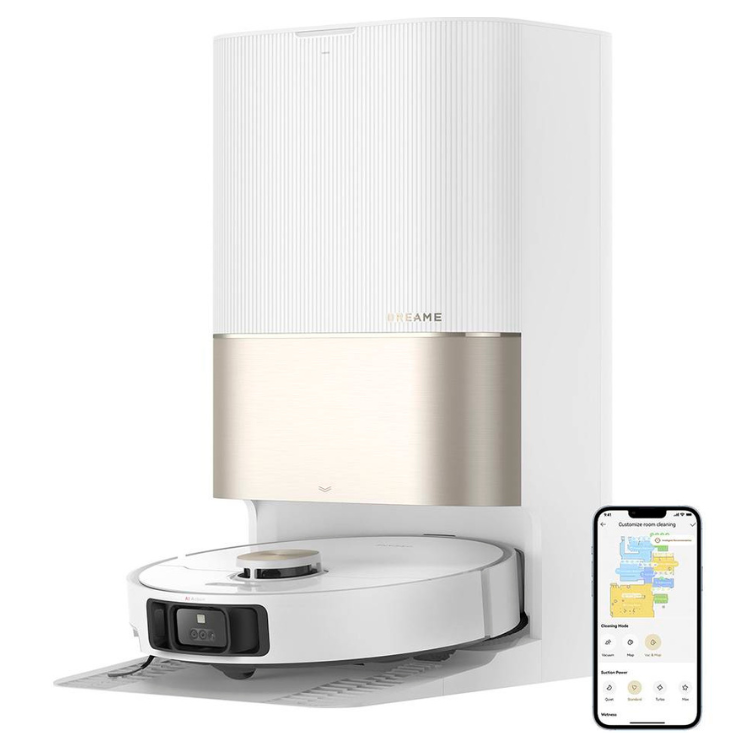 White Dreame X40 Ultra Complete robot vacuum with charging base and smartphone app.