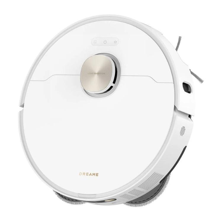 White Dreame X40 Ultra Complete robot vacuum cleaner with gold accents