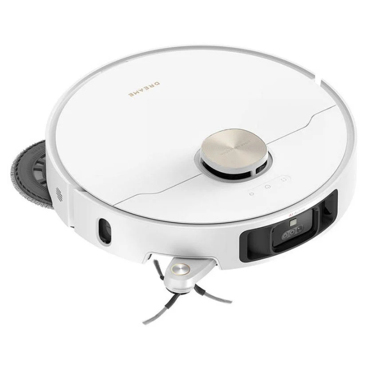 White Dreame robot vacuum cleaner with silver accents and charging dock base.