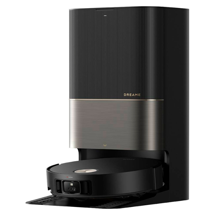 Black Dreame X50 Ultra robot vacuum with charging base.