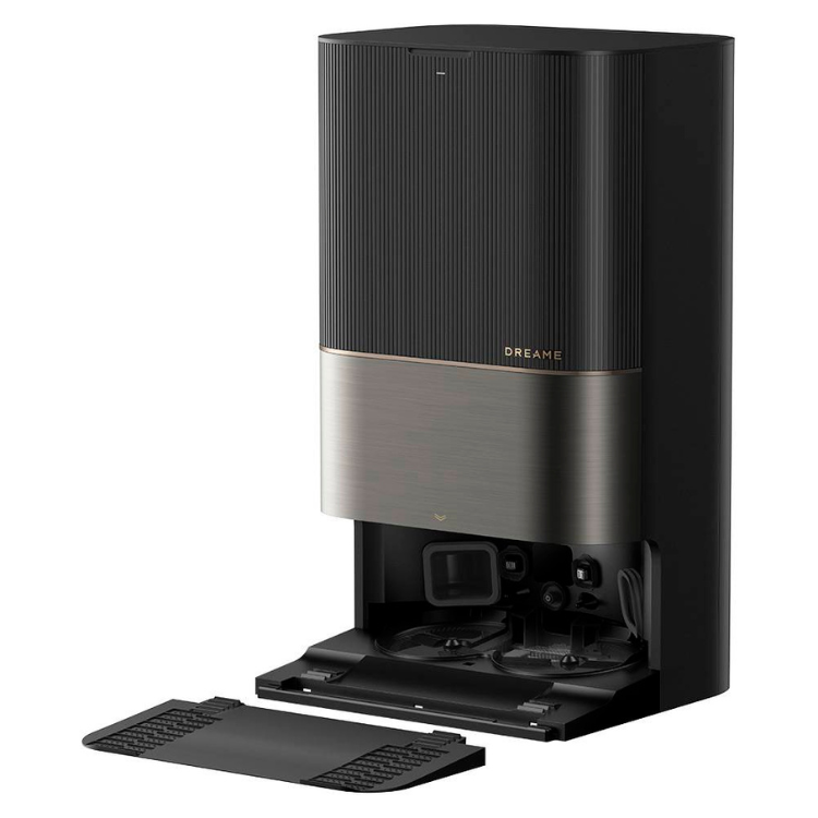 Black Dreame X50 Ultra robot vacuum cleaner charging base with open compartment.